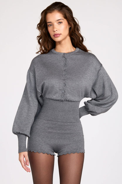 Fine-Knit Long-Sleeve Romper in Grey