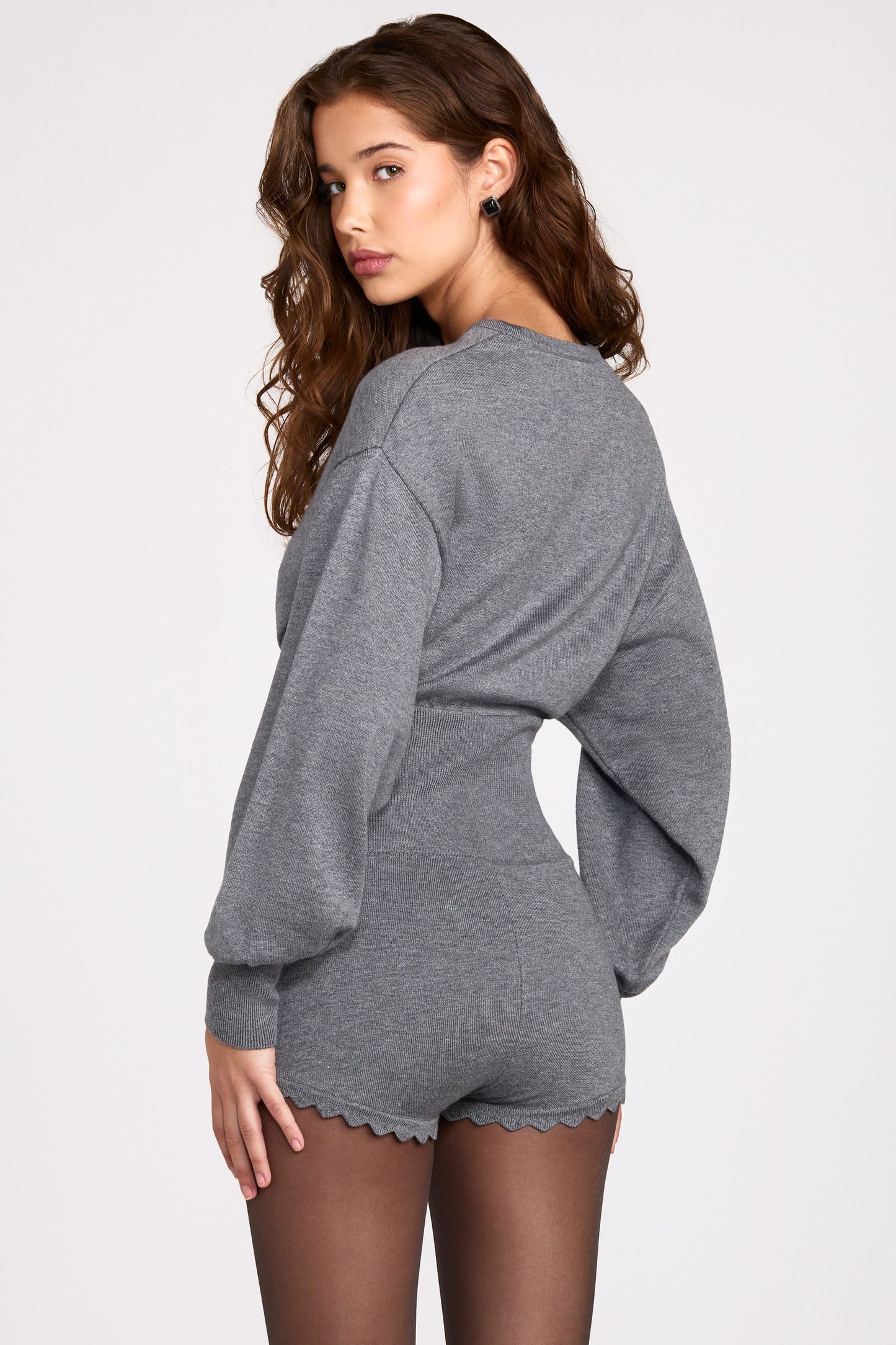 Fine-Knit Long-Sleeve Romper in Grey