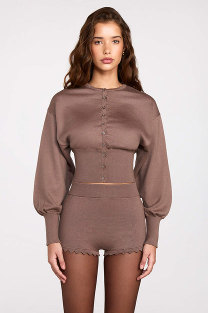 Knit Long-Sleeve Cardigan in Mocha