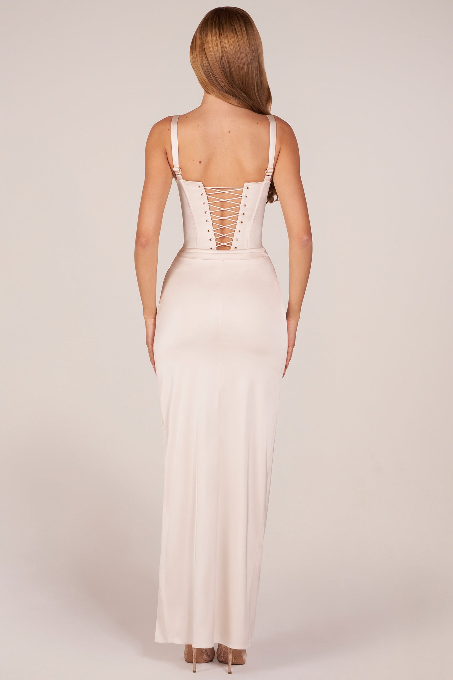 Corseted Thigh-High Split Maxi Dress in Pearl
