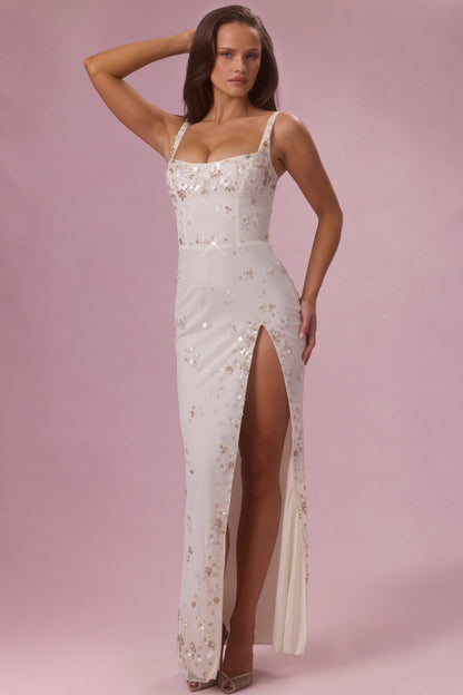Embellished Corset Maxi Dress in Pearl