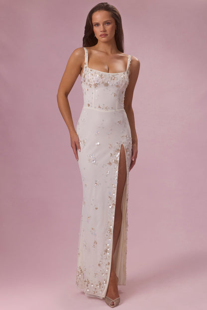 Embellished Corset Maxi Dress in Pearl