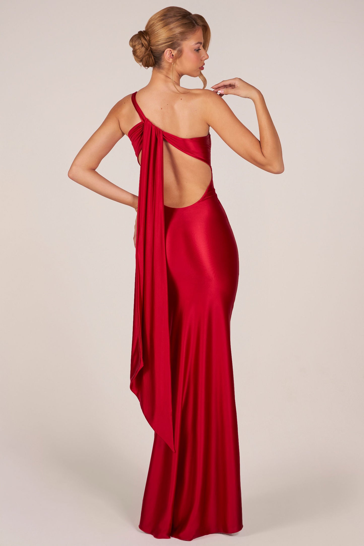 Asymmetric Tie-Back Gown in Cherry