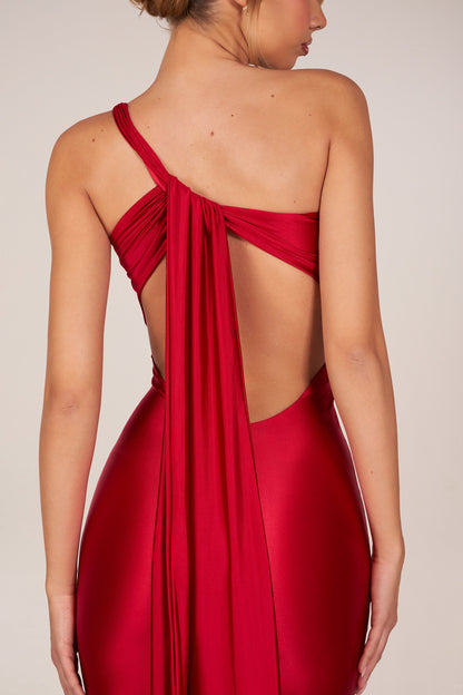 Asymmetric Tie-Back Gown in Cherry
