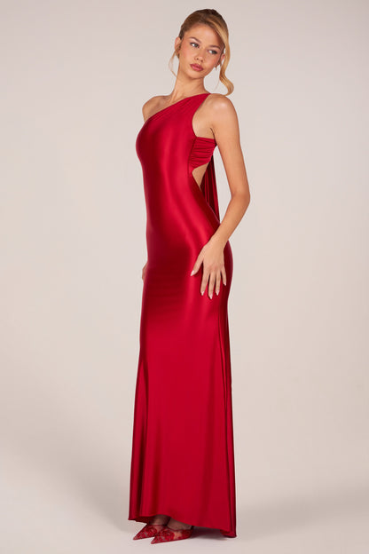 Asymmetric Tie-Back Gown in Cherry