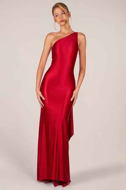 Asymmetric Tie-Back Gown in Cherry