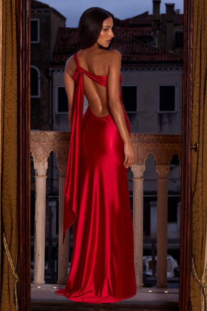 Asymmetric Tie-Back Gown in Cherry