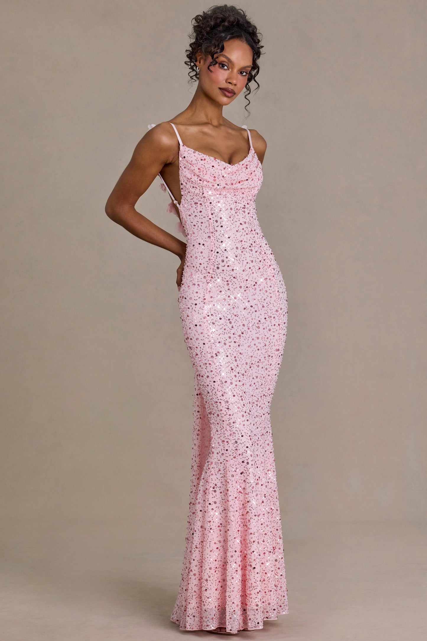 Embellished Open-Back Maxi Dress in Baby Pink