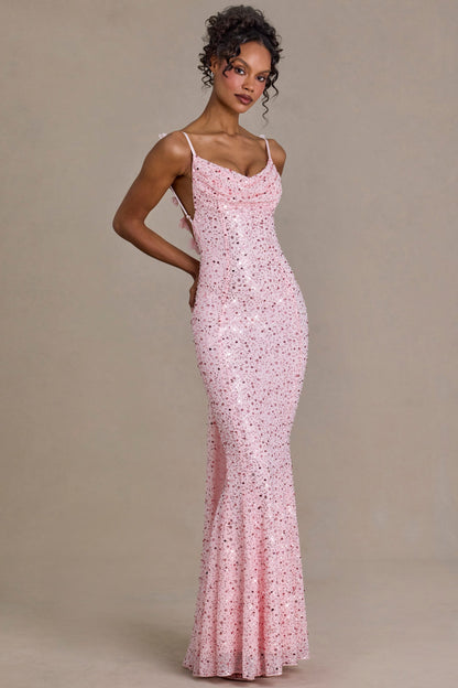 Embellished Open-Back Maxi Dress in Baby Pink