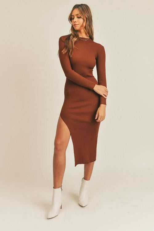 Pauline Cognac Brown Ribbed Bodycon Midi Dress