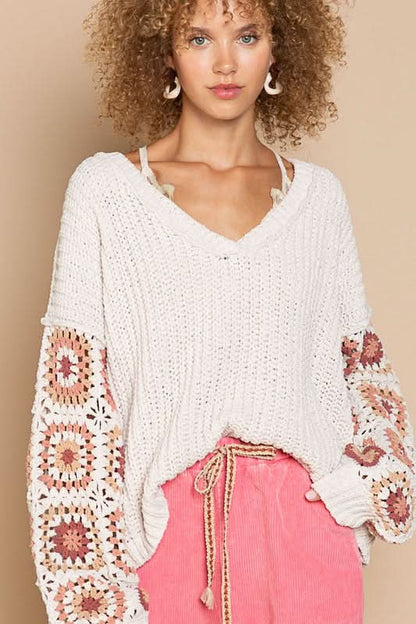 Marsha Beige Crochet Sleeve Sweater
