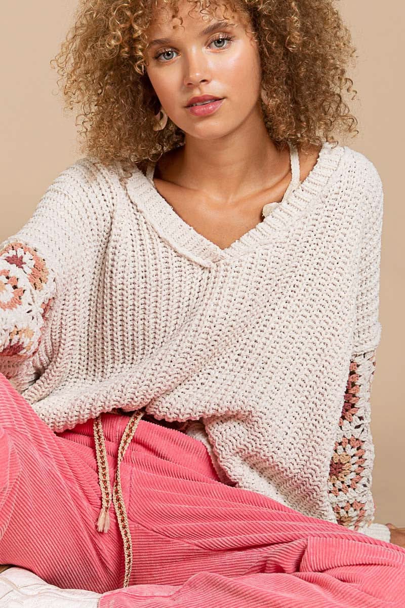 Marsha Beige Crochet Sleeve Sweater