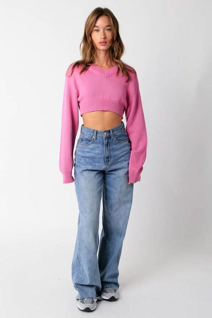 Mandie Pink V-Neck Sweater Crop