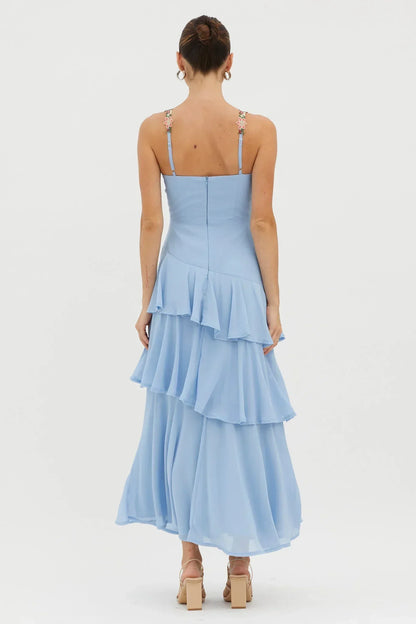 Rose Garden Tiered Ruffle Floral Trim Dress Blue