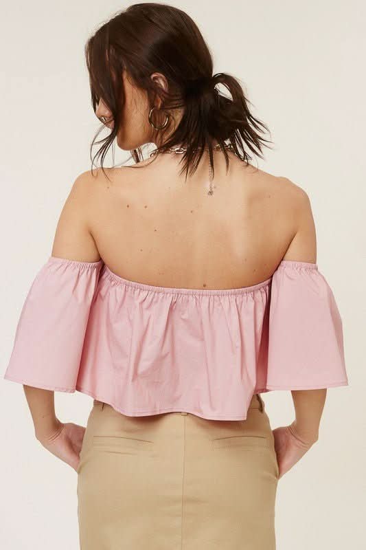 Darcie Blush Flowy Off-Shoulder Crop Top