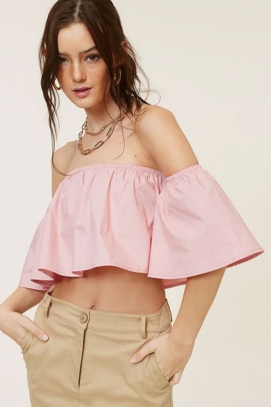 Darcie Blush Flowy Off-Shoulder Crop Top