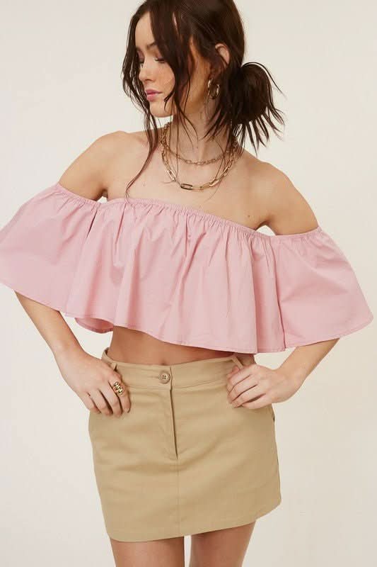 Darcie Blush Flowy Off-Shoulder Crop Top