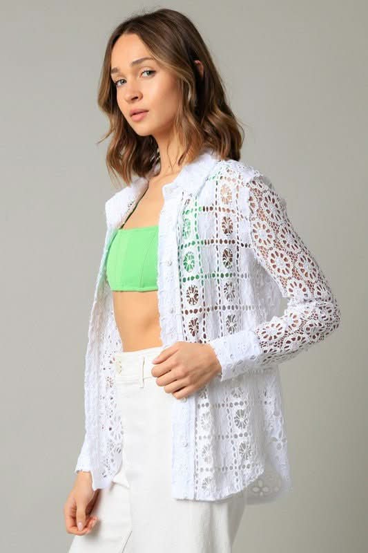 Devi White Crochet Lace Button Down Top