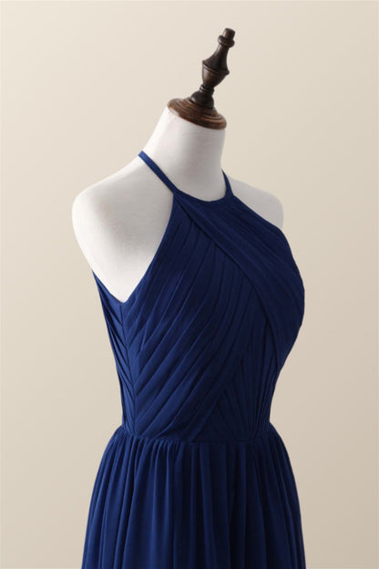 Halter Burgundy Pleated Long Bridesmaid Dress