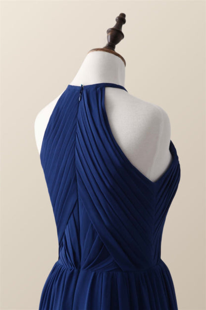 Halter Burgundy Pleated Long Bridesmaid Dress