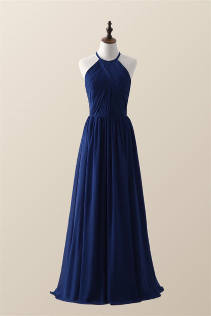 Halter Burgundy Pleated Long Bridesmaid Dress