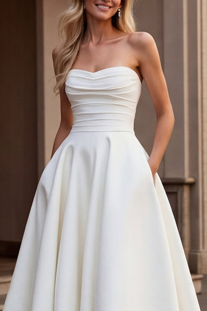 Ivory Strapless A Line Satin Ruched Wedding Dress