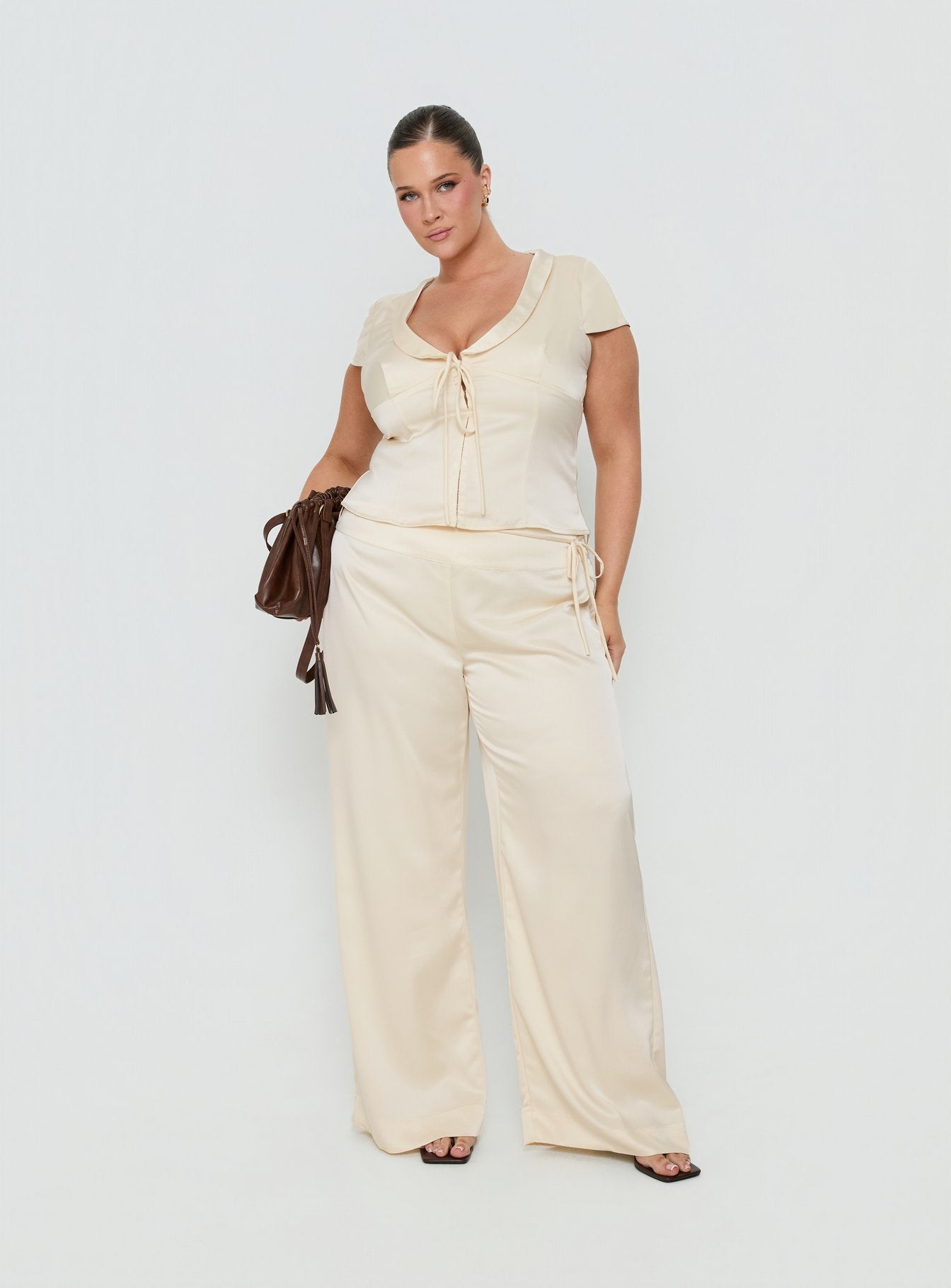 Aubrette Satin Tie Pants Cream Curve