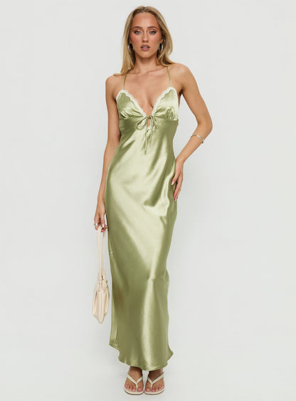 Alysa Lace Trim Halter Maxi Dress Green