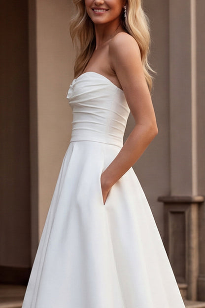 Ivory Strapless A Line Satin Ruched Wedding Dress