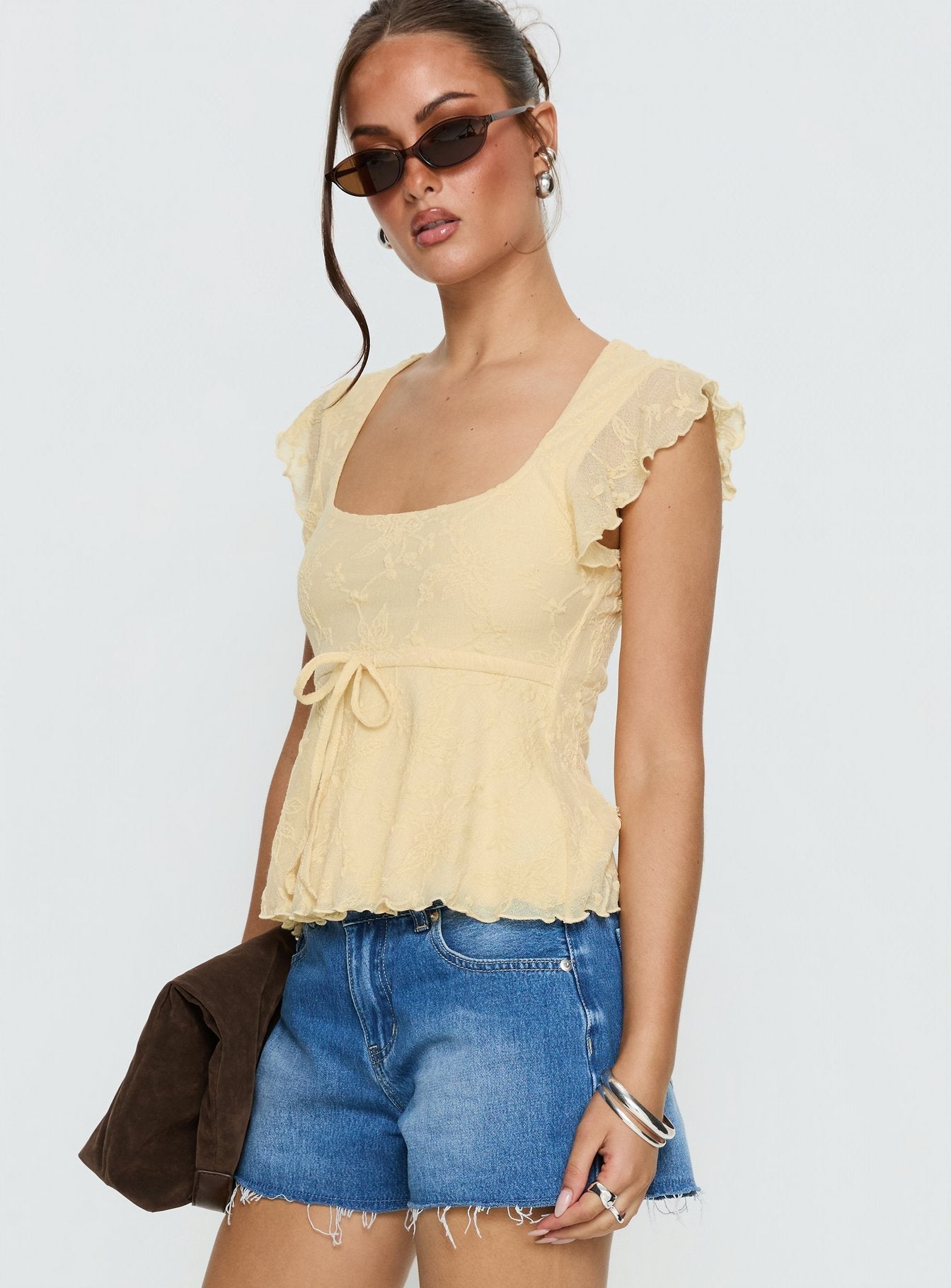 Auroraah Textured Frill Top Lemon