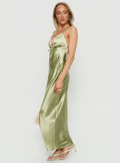 Alysa Lace Trim Halter Maxi Dress Green