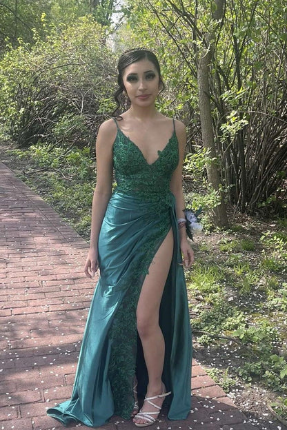 Green Appliques Mermaid Long Formal Dress