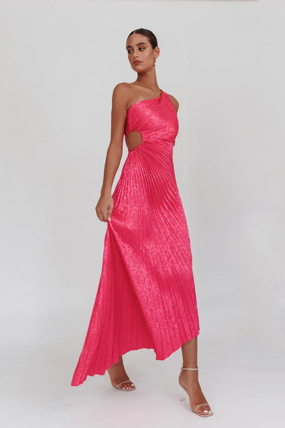 Amelie One-Shoulder Accordion Pleat Maxi Dress Floral Fuchsia