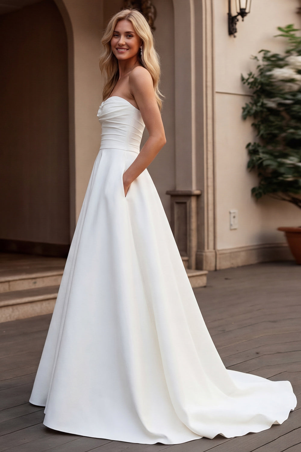 Ivory Strapless A Line Satin Ruched Wedding Dress