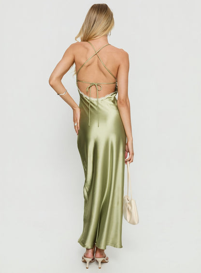 Alysa Lace Trim Halter Maxi Dress Green