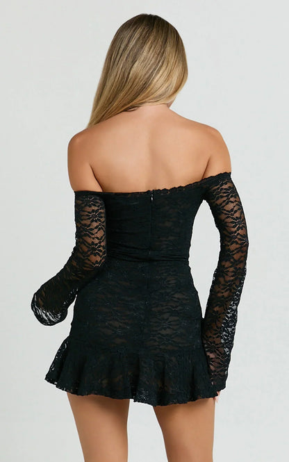Frieda Mini Dress - Off Shoulder Flared Long Sleeve Stretch Lace Dress in Black