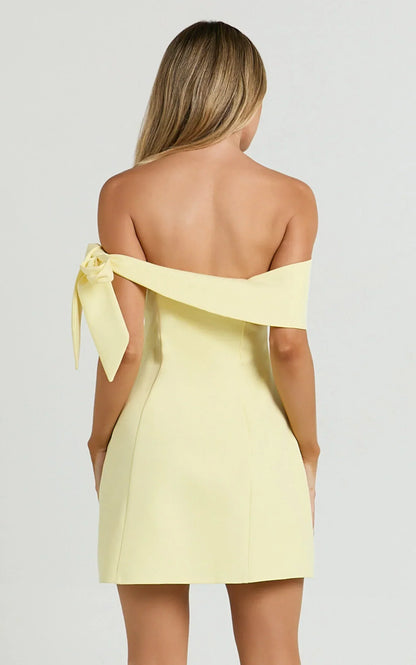 Cecilia Mini Dress - Off Shoulder Tie Detail Dress in Lemon