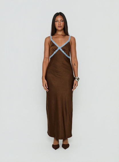 Carletta Lace Contrast Maxi Dress Brown / Blue