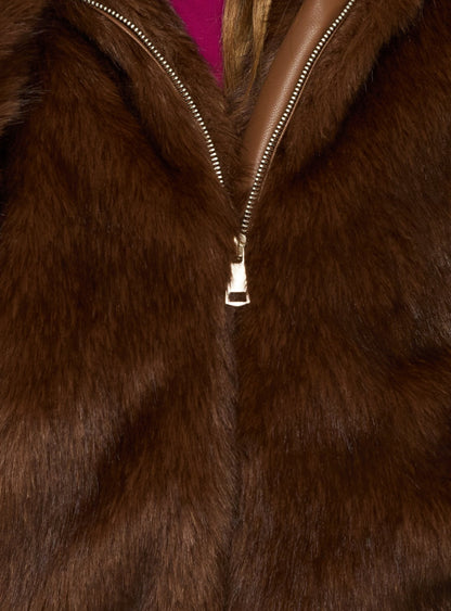Act Up Faux Fur Hooded Jacket Brown