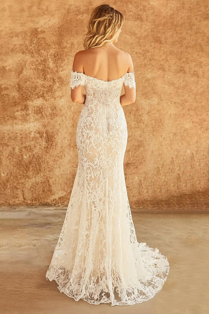 White Mermaid Off the Shoulder Lace Long Wedding Dress