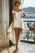A Line White Off the Shoulder Asymmetrical Satin Graduation Dress