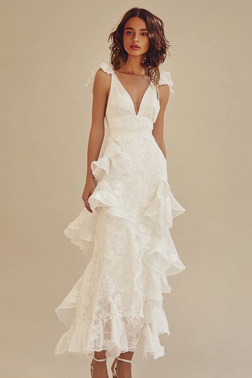 White V-Neck A-Line Lace Long Little White Dress with Ruffles