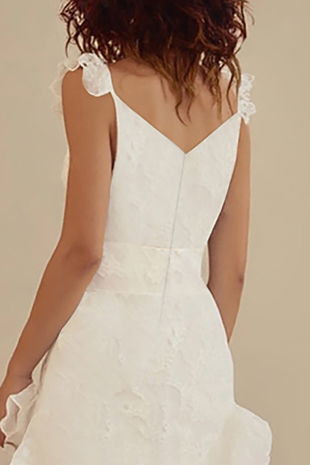White V-Neck A-Line Lace Long Little White Dress with Ruffles