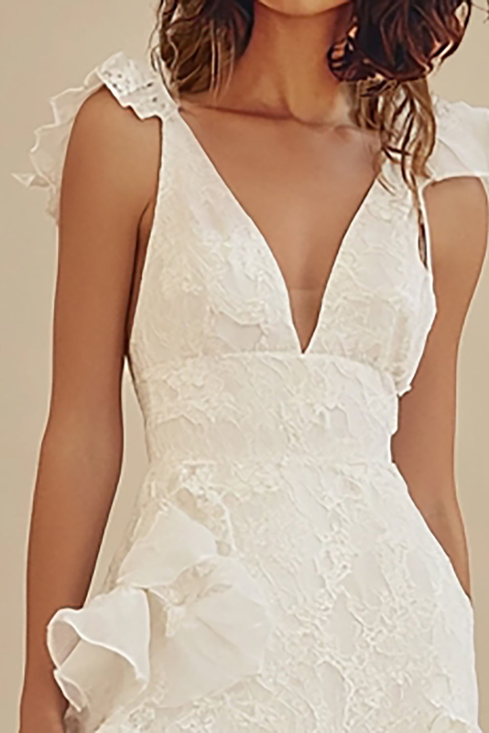 White V-Neck A-Line Lace Long Little White Dress with Ruffles