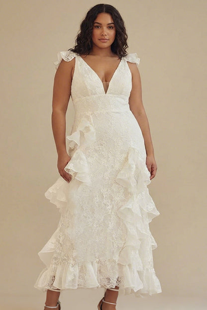 White V-Neck A-Line Lace Long Little White Dress with Ruffles
