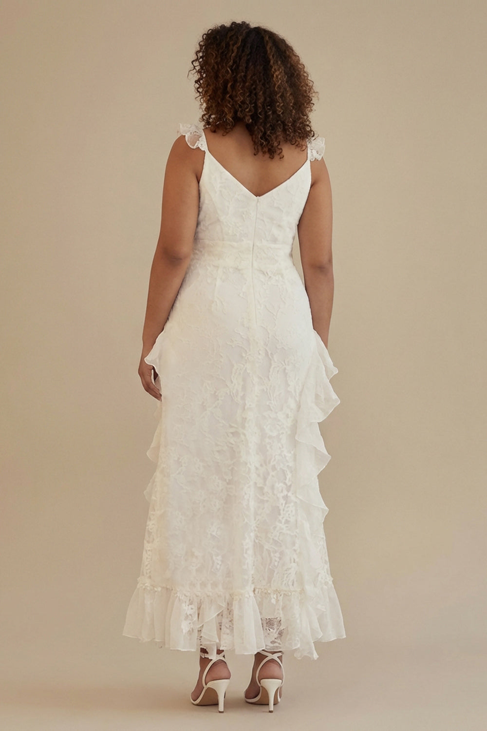 White V-Neck A-Line Lace Long Little White Dress with Ruffles