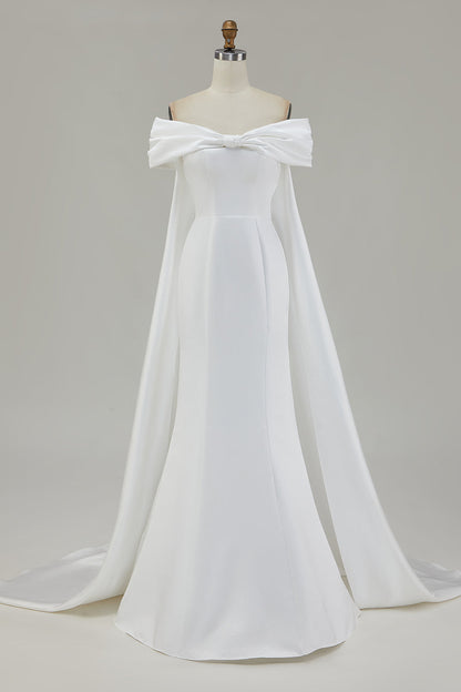 Ivory Mermaid Off the Shoulder Floor-Length Wedding Dress with Cape