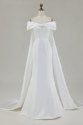 Ivory Off the Shoulder Bow Mermaid Floor-Length Wedding Dress with Cape