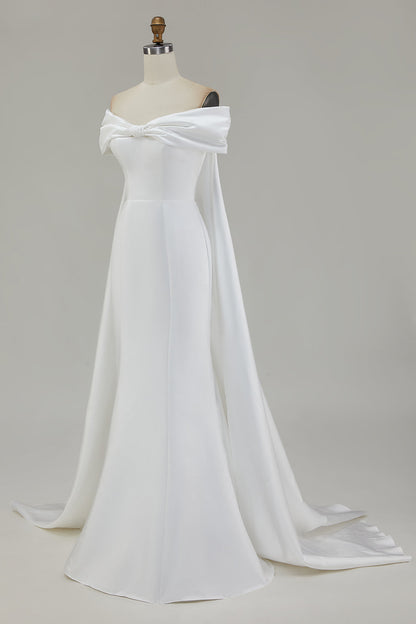 Ivory Off the Shoulder Bow Mermaid Floor-Length Wedding Dress with Cape