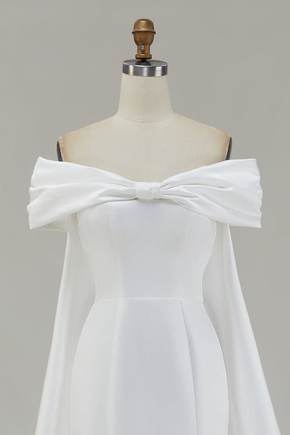 Ivory Off the Shoulder Bow Mermaid Floor-Length Wedding Dress with Cape
